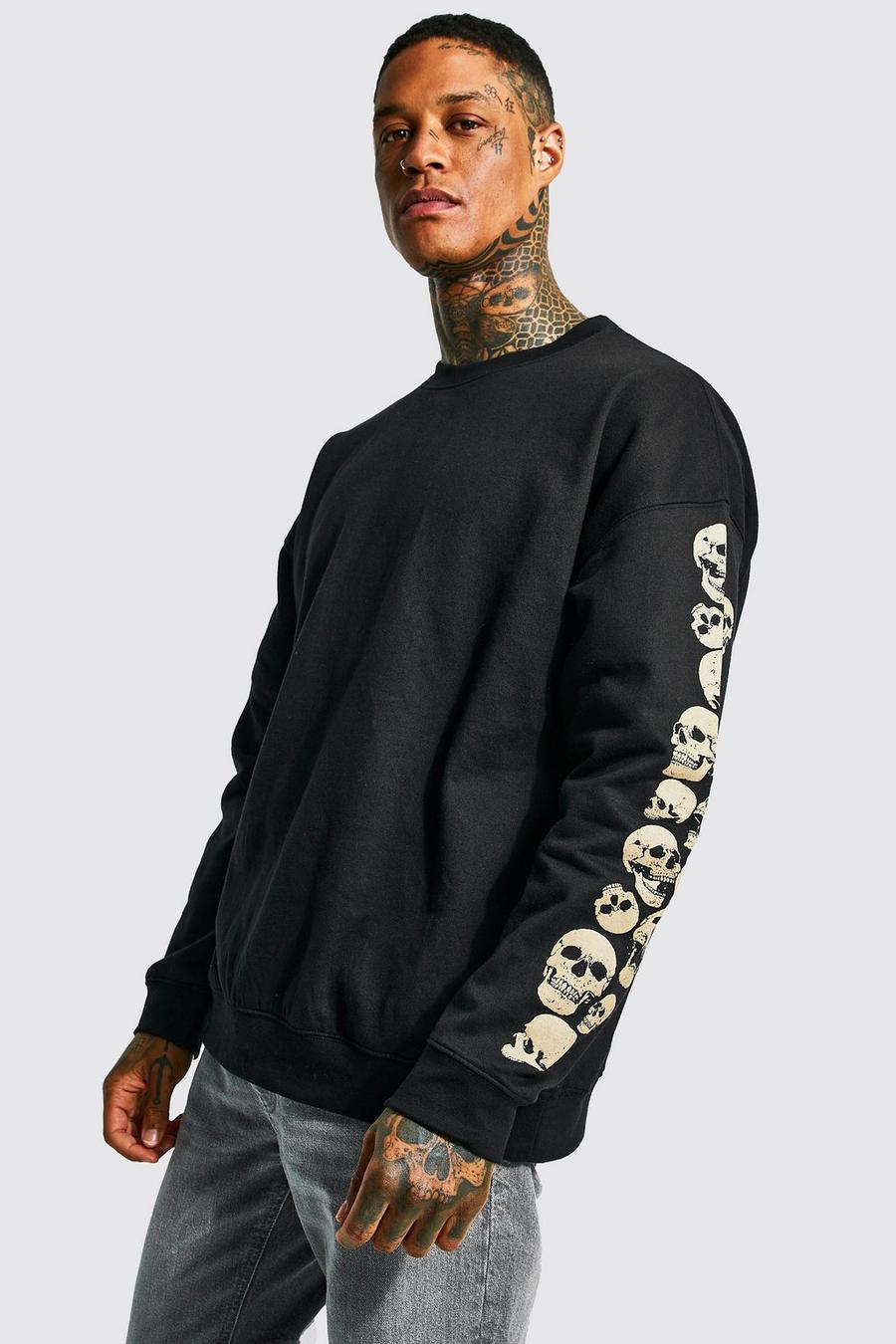 Black Stacked Skull Sleeve Print Sweater image number 1