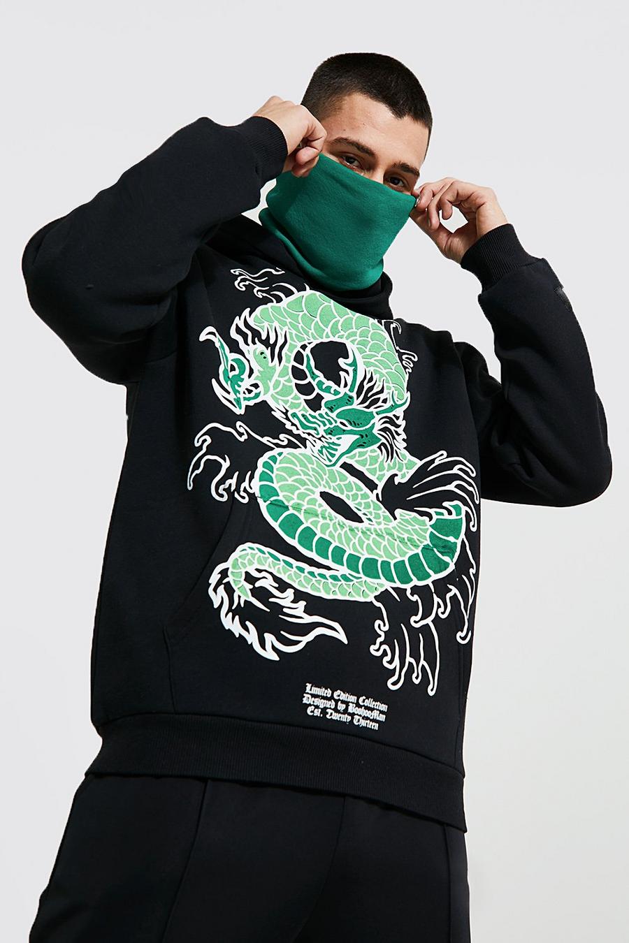 Kontrast-Hoodie mit Drachen-Print, Black image number 1