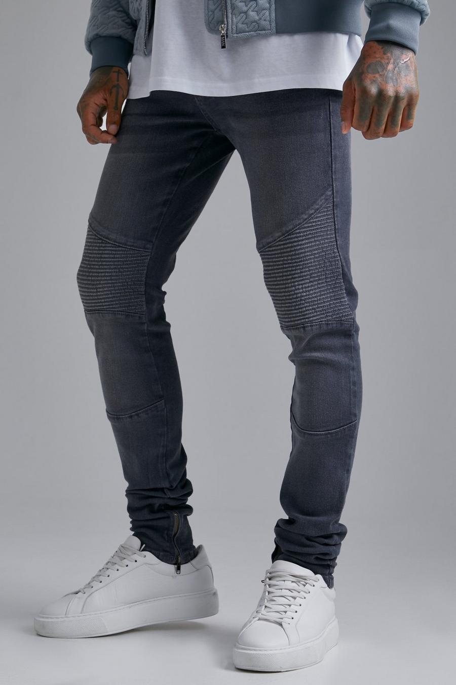 Jeans Biker Skinny Fit in Stretch con pieghe sul fondo, Mid grey image number 1