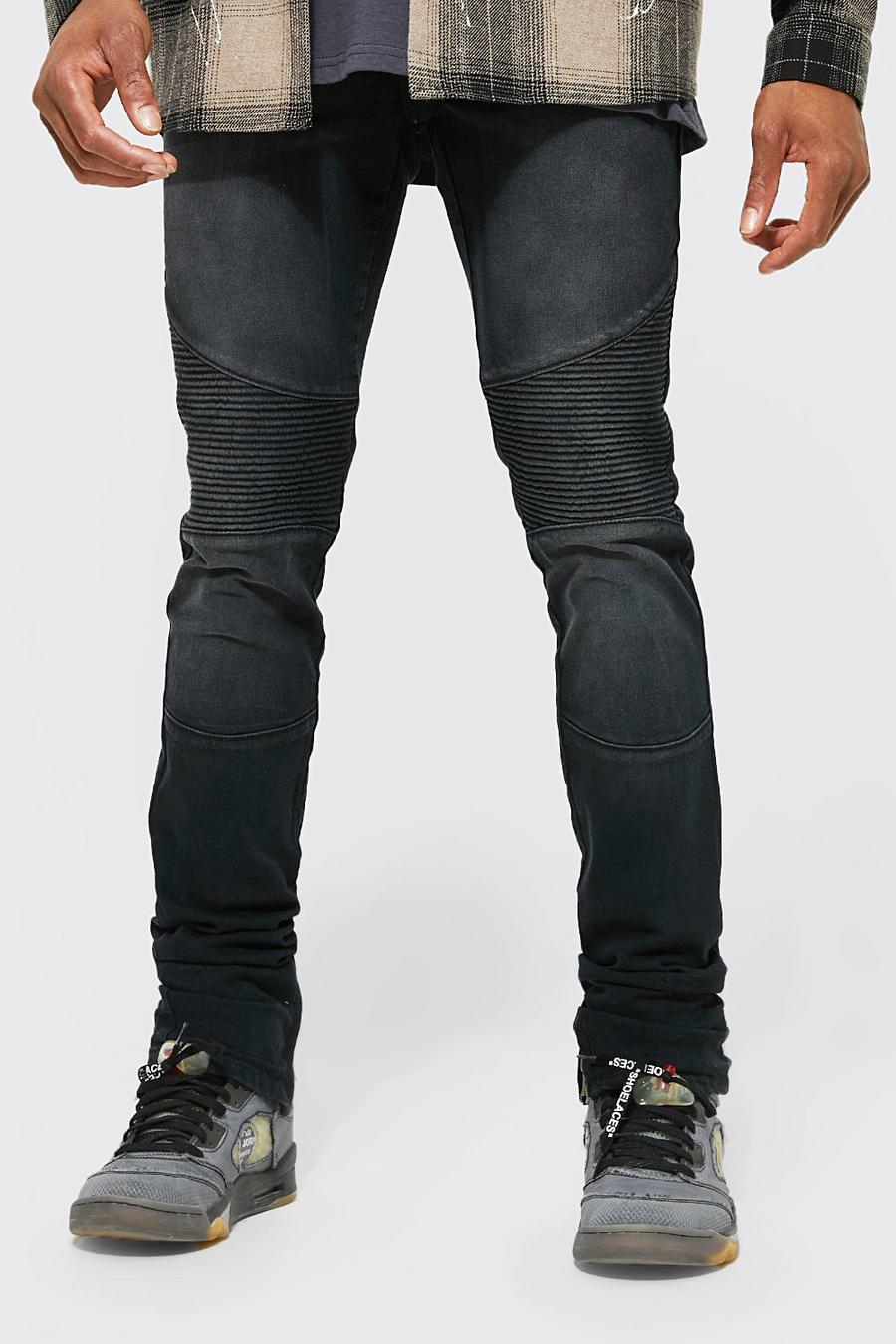 Jeans Skinny Fit stile Biker in Stretch con pieghe sul fondo, Washed black image number 1
