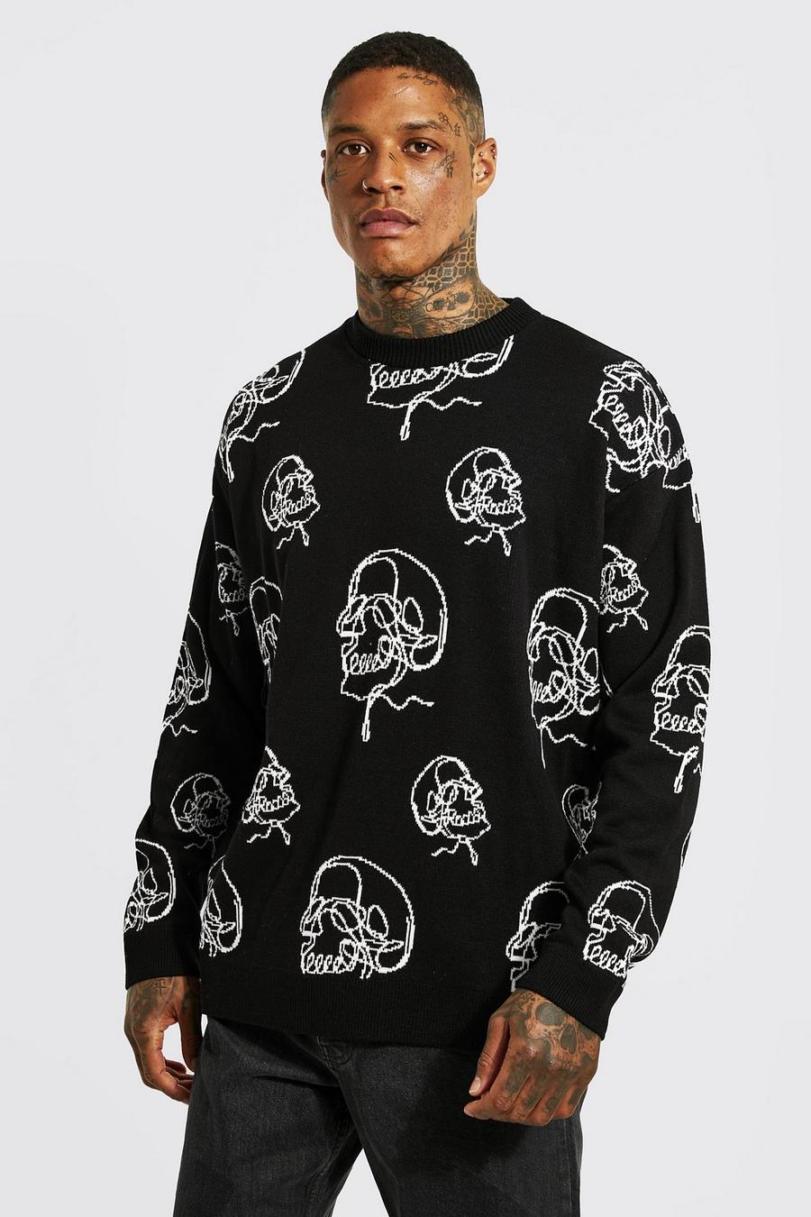 Oversize Pullover mit Totenkopf-Print, Black