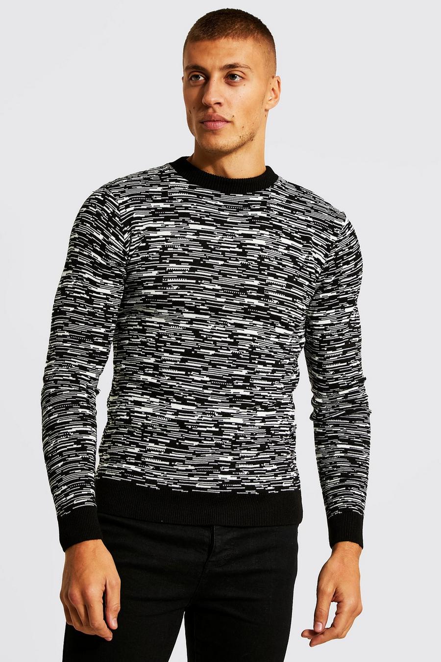 Black Muscle Fit Crew Neck Stripe Knitted Jumper image number 1