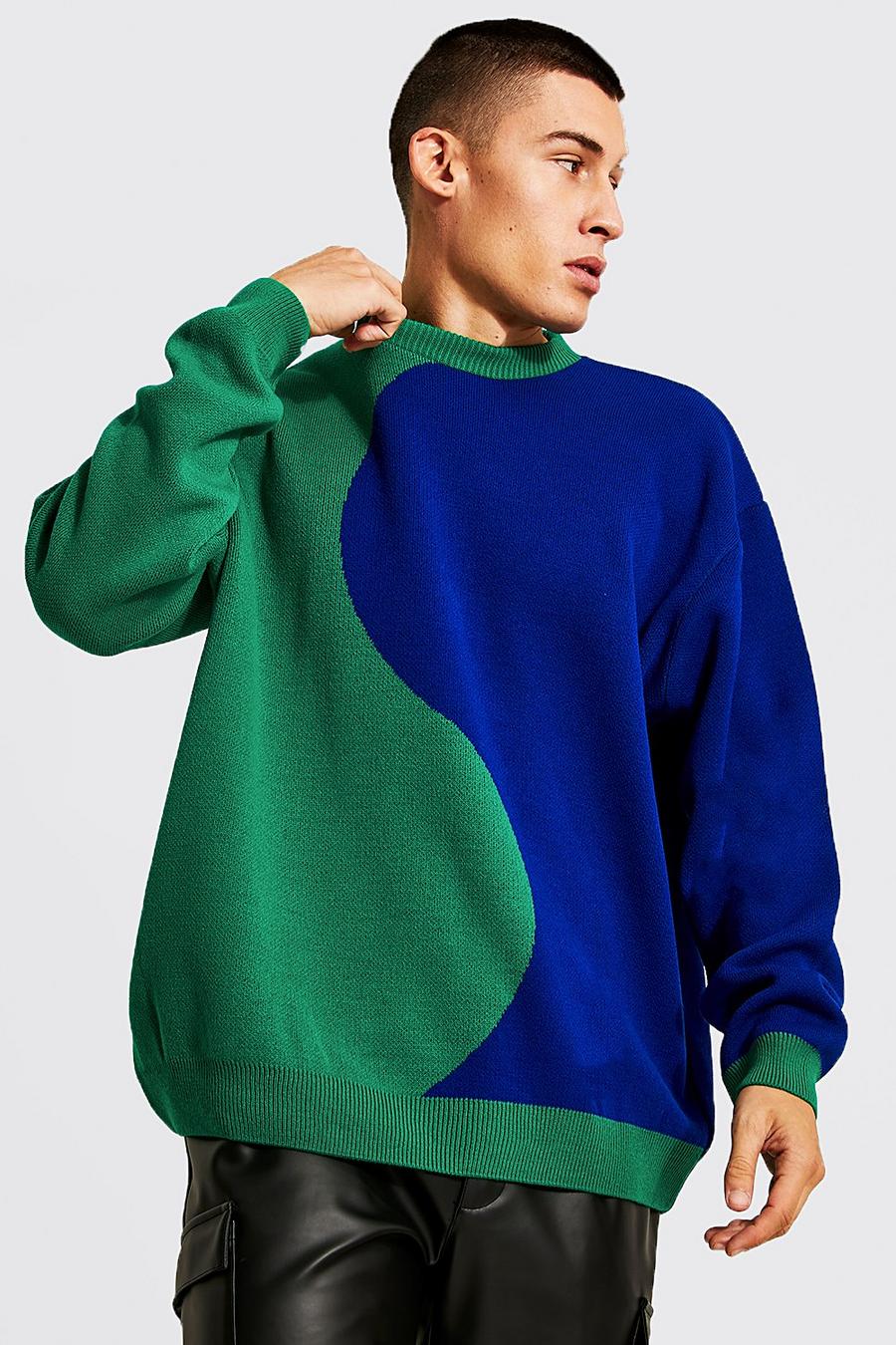 Green grön Oversized Wave Colourblock Knitted Jumper image number 1
