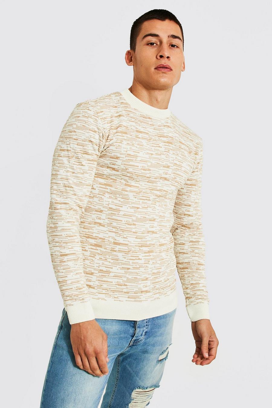 Stone Muscle Fit Crew Neck Stripe Knitted Jumper image number 1