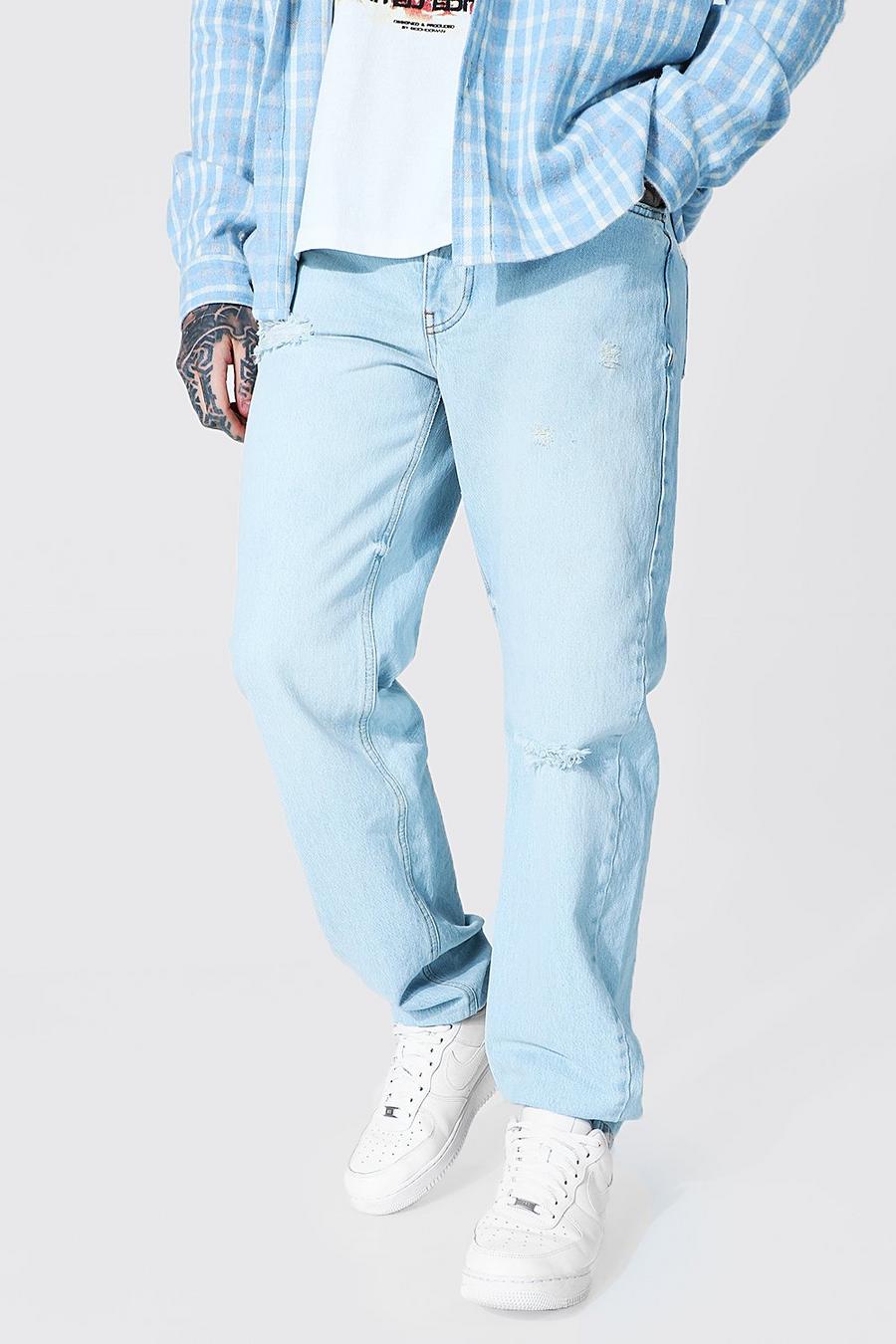 כחול קרח ג'ינס מבד קשיח בגזרה משוחררת עם שסעים בברכיים image number 1