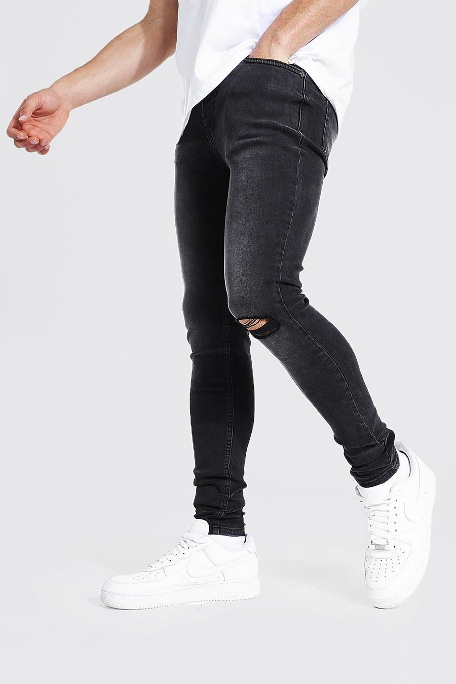 Super Skinny Jeans mit Riss am Knie, Washed black
