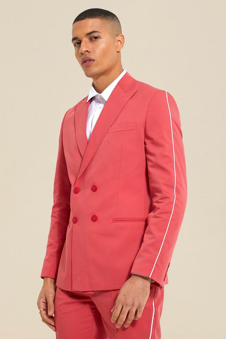 Dark red rouge Double Breasted Slim Piping Suit Jacket