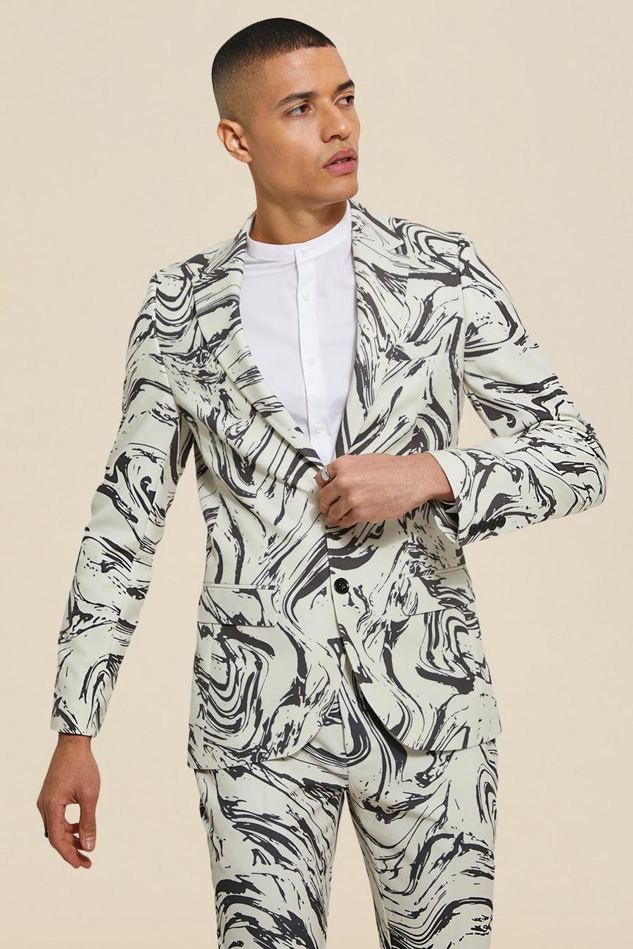 White Skinny Single Breasted Marble Suit Jacket image number 1