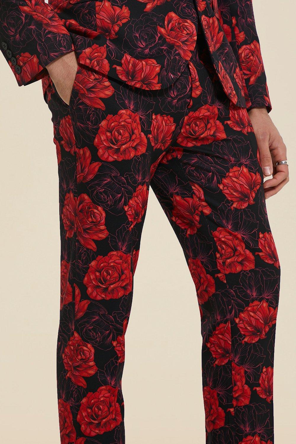 J51388 Red and Black Mix Color Dress Pants Mens Floral Dre