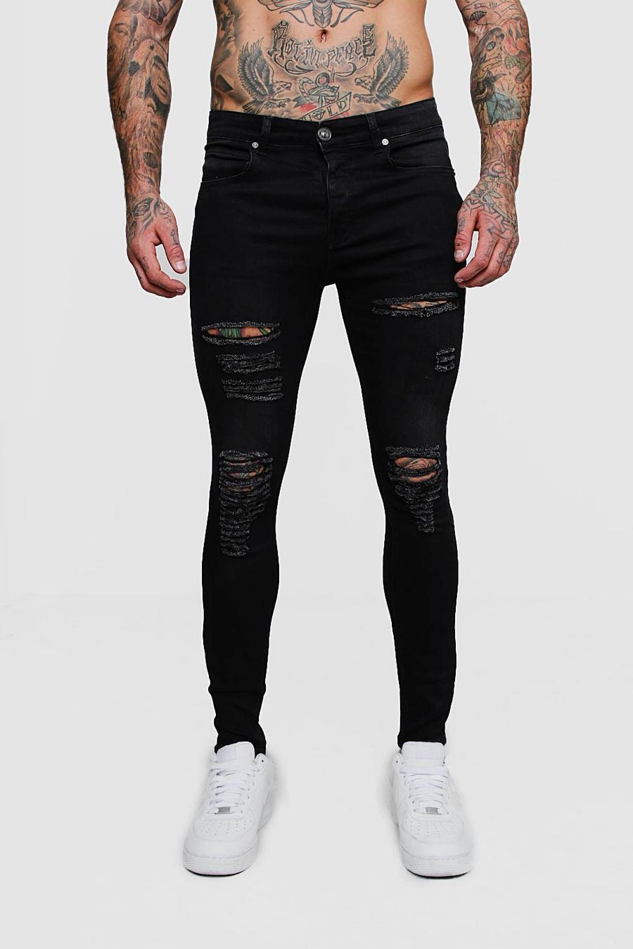 שחור nero סופר סקיני ג'ינס עם קרעים לכל האורך