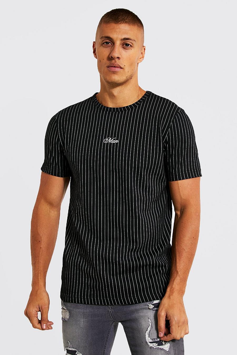 Camiseta MAN ajustada de jacquard con rayas finas, Black nero image number 1