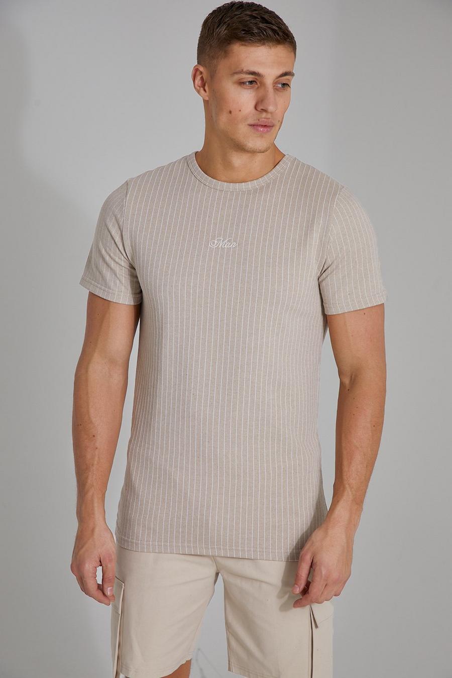 T-shirt Slim Fit Man in jacquard a righe verticali, Sand image number 1