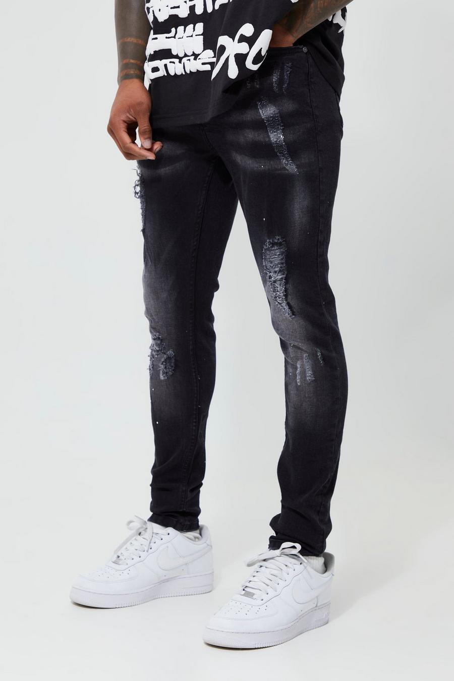 Washed black Super skinny jeans med slitage och färgstänk image number 1