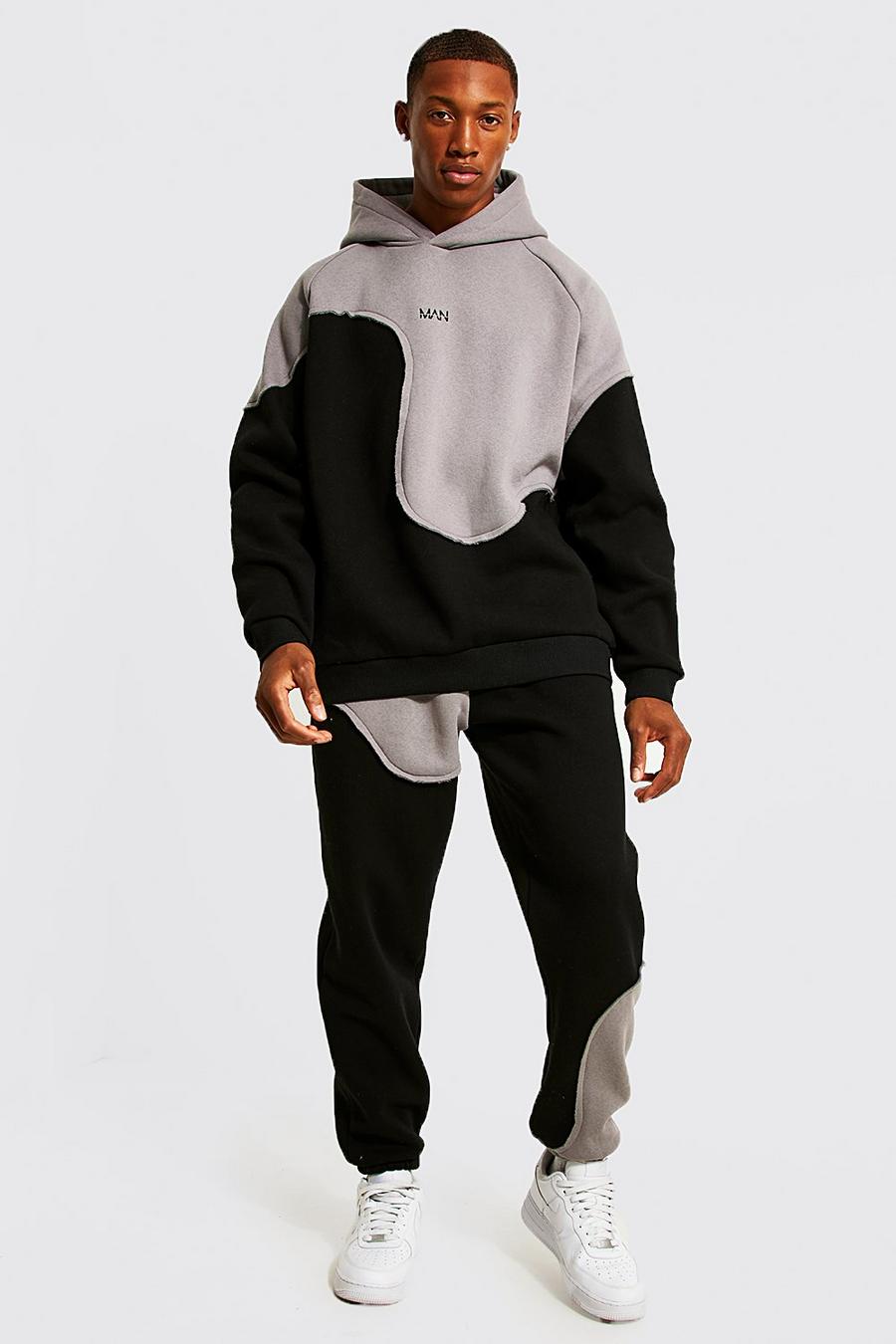 Charcoal Oversized Man Spliced Hooded Tracksuit image number 1
