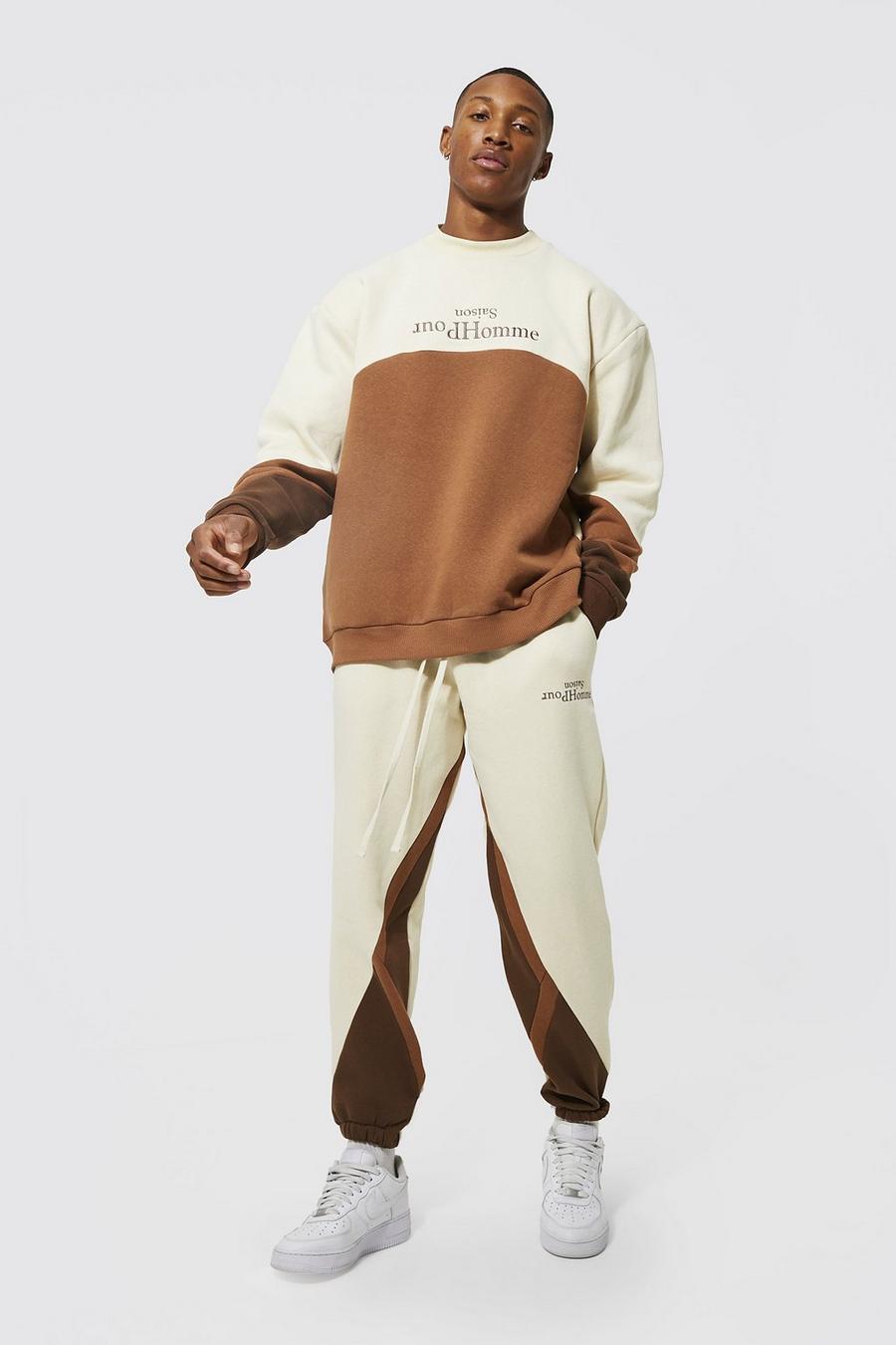 Brown Oversize träningsoverall med sweatshirt och blockfärger image number 1