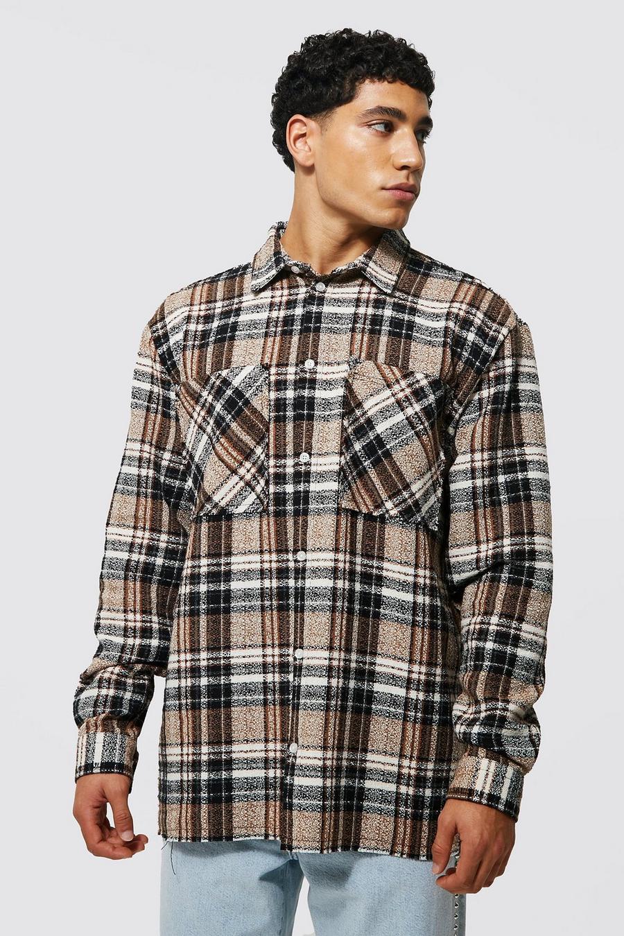 Brown Oversized Boucle Distressed Check Shirt image number 1