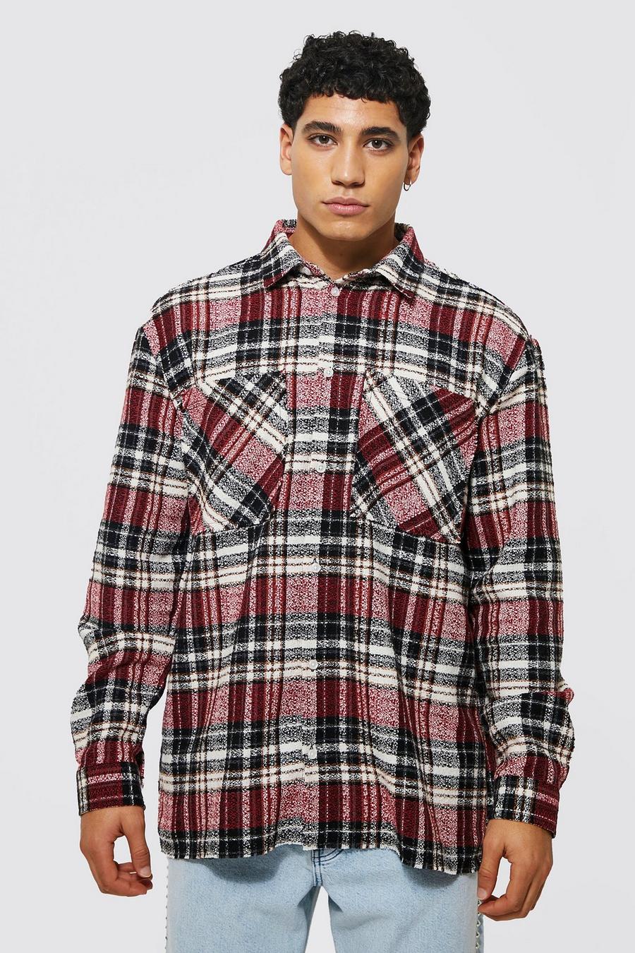 Red Oversized Boxy Boucle Distressed Check Shirt image number 1