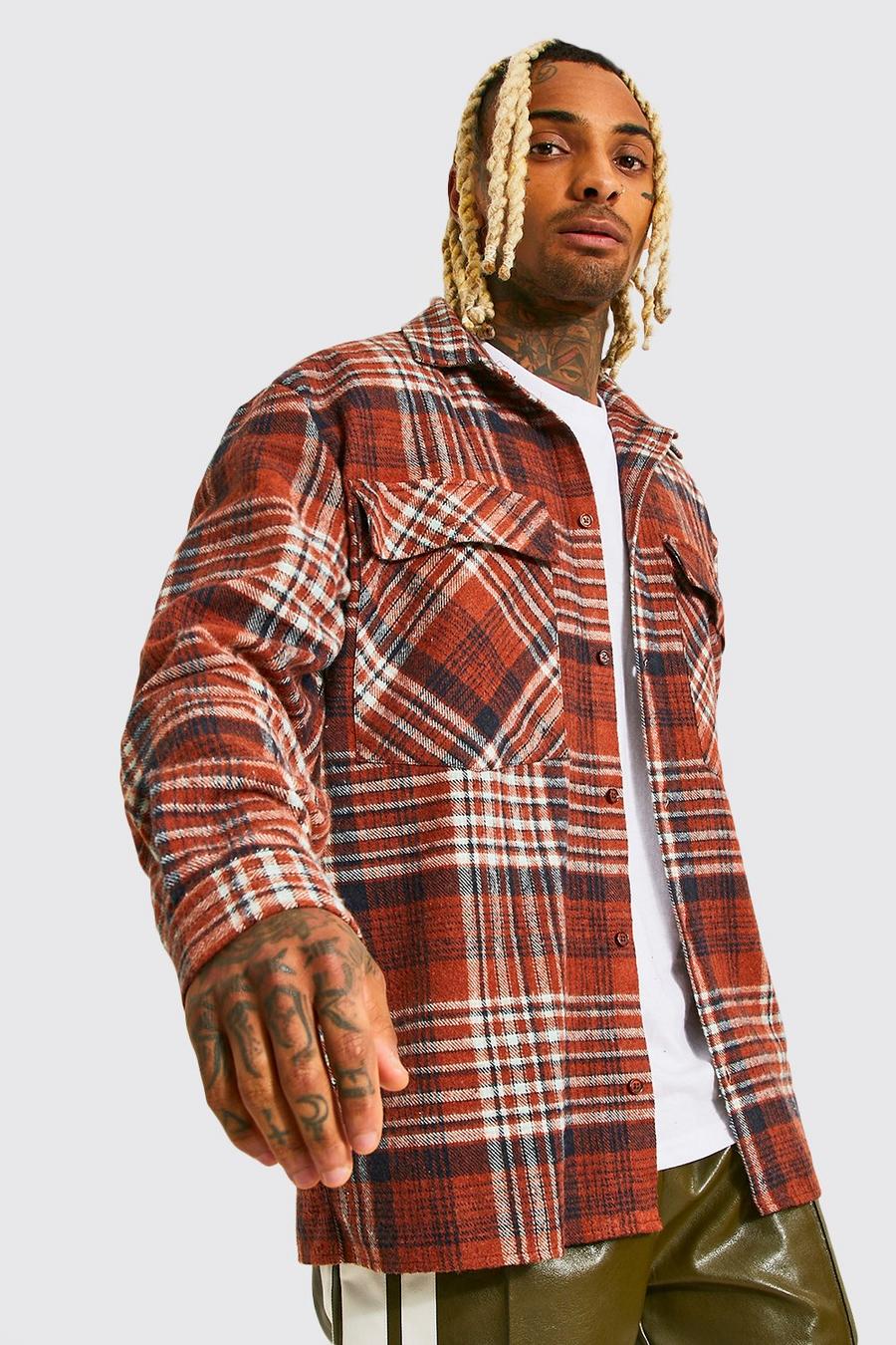 Rust Oversized Check Shirt With Oversized Pockets image number 1