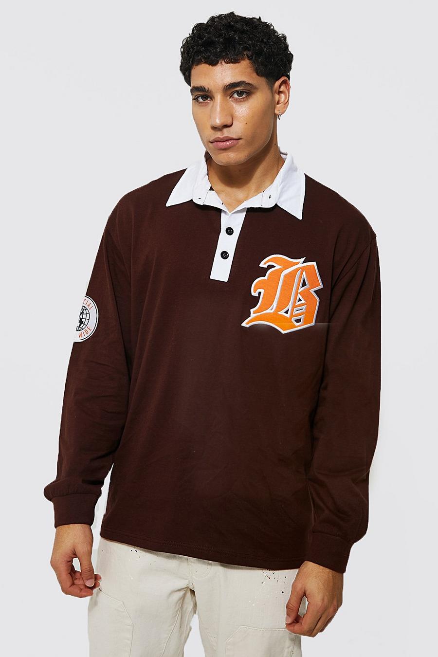 Chocolate Oversized B Applique Varsity Rugby Polo image number 1