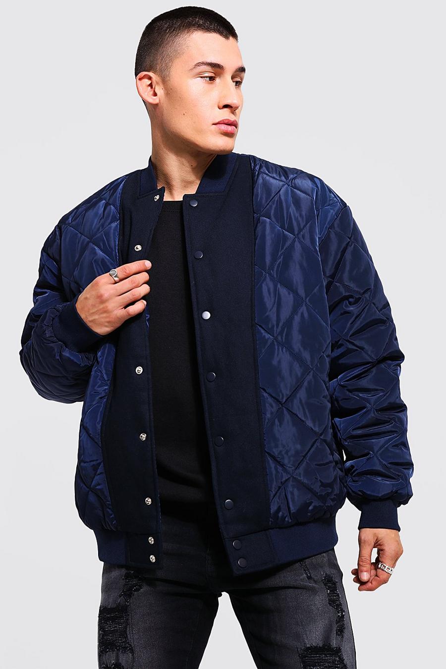 Navy Oversized Quilted Mixed Fabric Bomber image number 1