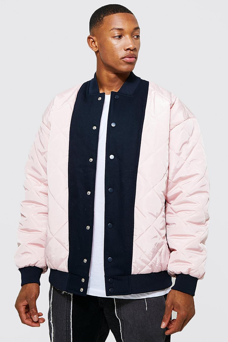 Pink Oversized Quilted Mixed Fabric Bomber image number 1