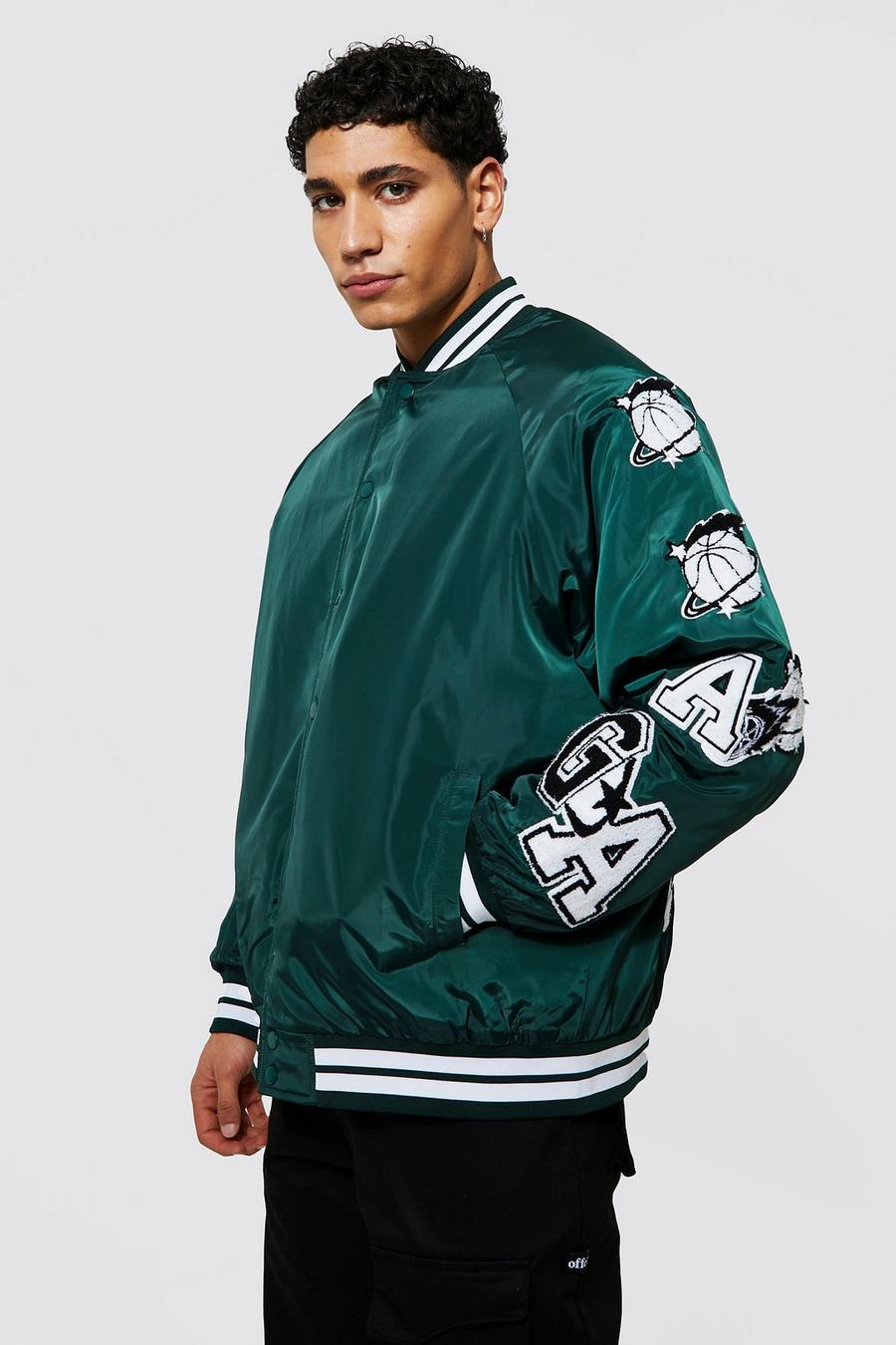 Green Nylon Padded Bomber With All Over Badges image number 1