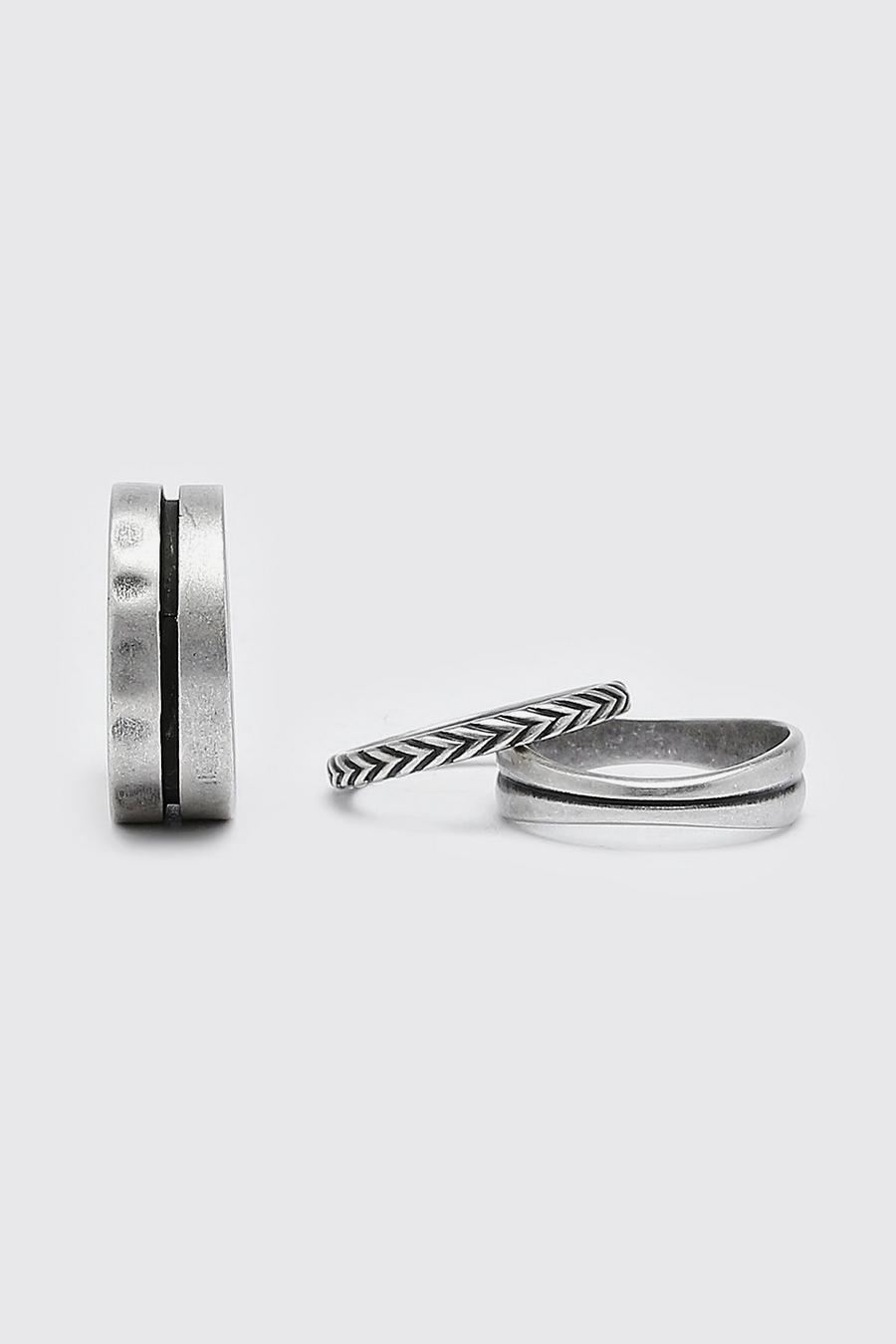 3er-Pack silber Ring-Set mit Streifen-Detail, Silver argent