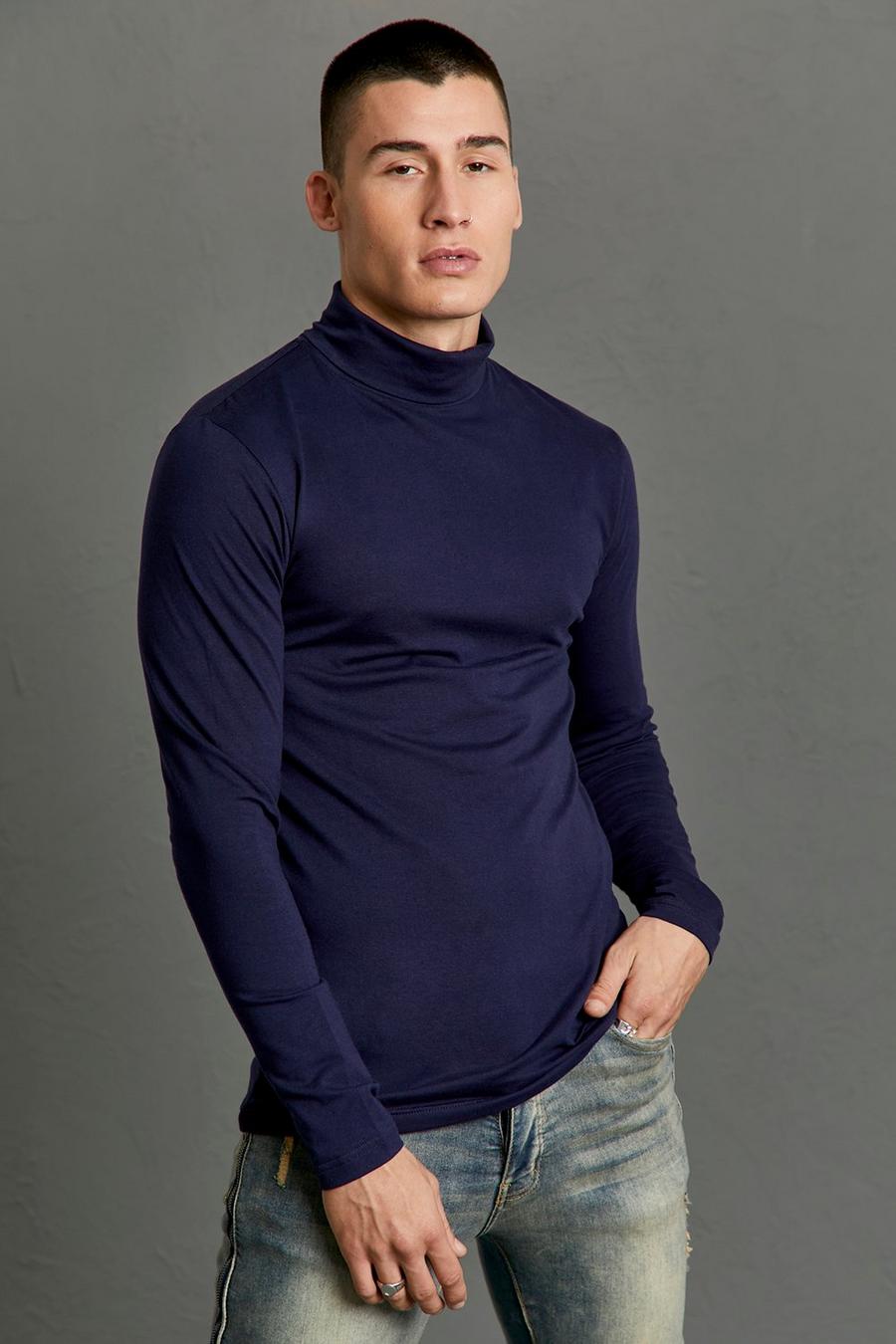 Navy Muscle Fit Long Sleeve Roll Neck T-shirt image number 1