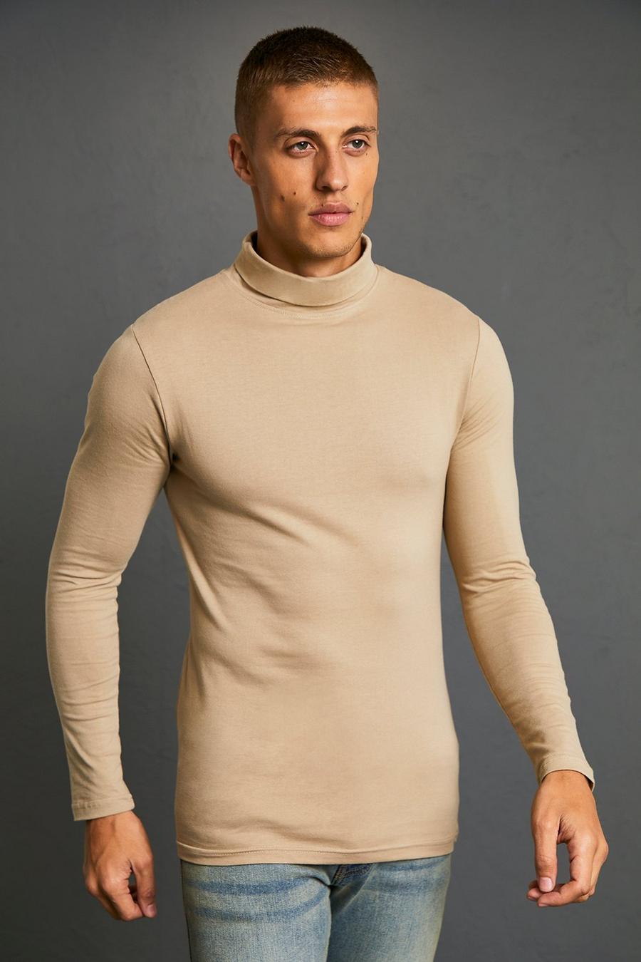 Taupe Muscle Fit Long Sleeve Roll Neck T-shirt image number 1