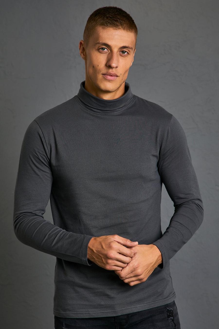 Charcoal Muscle Fit Long Sleeve Roll Neck T-shirt image number 1