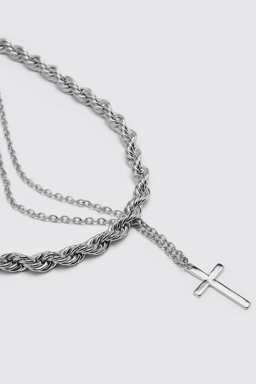Silver Double Layer Cross Pendant Necklace image number 1