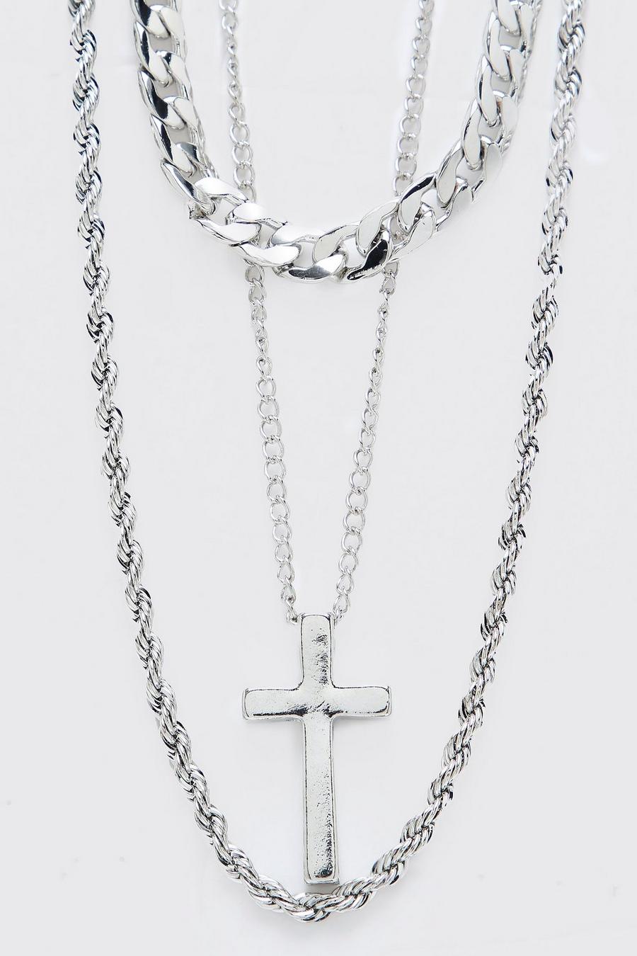 Silver Triple Layer Cross Pendant Necklace image number 1