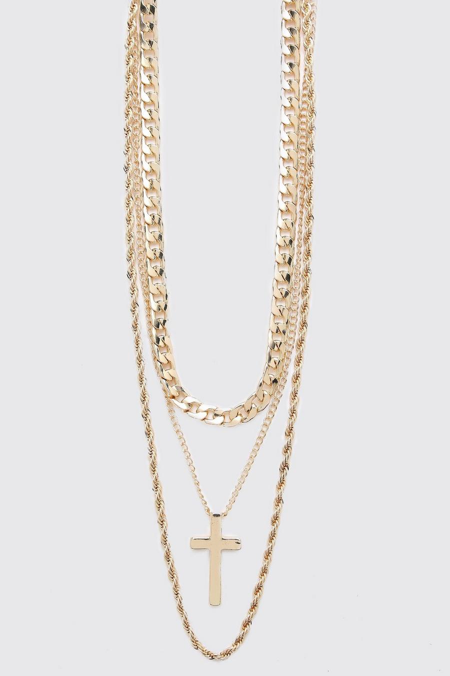Gold Triple Layer Cross Pendant Necklace image number 1