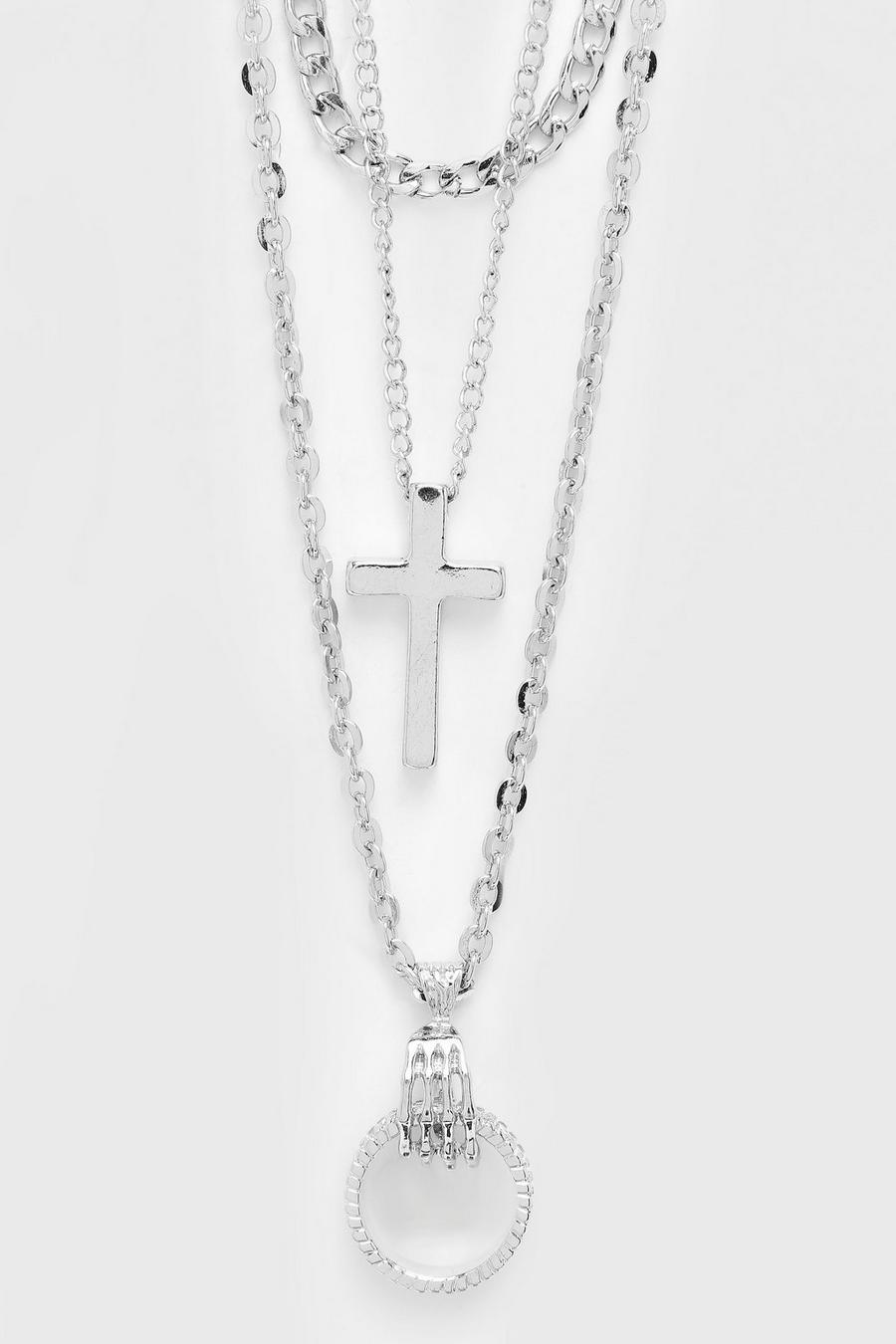 Silver Halsband med tre kedjor, kors och ring image number 1