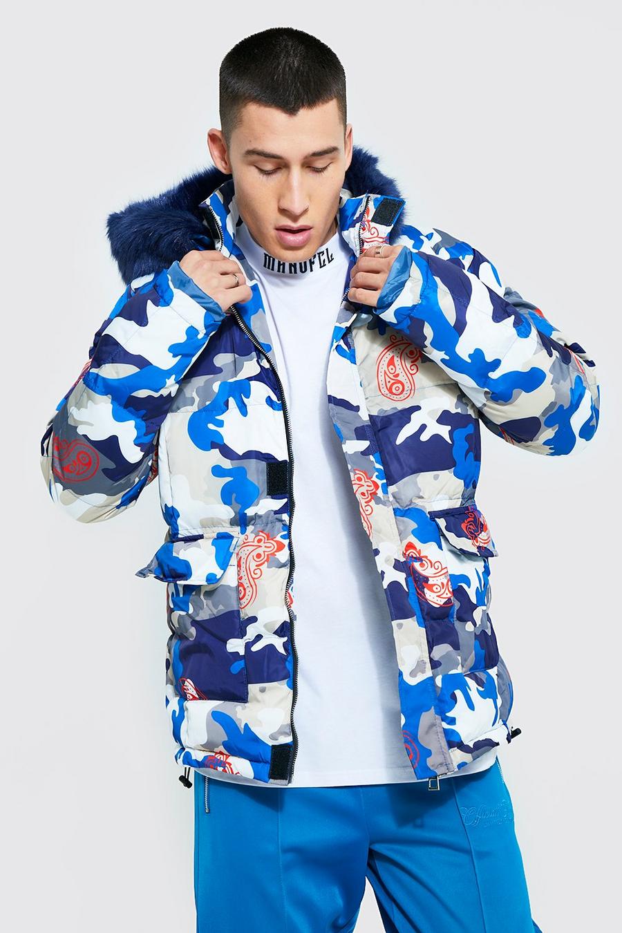 Blue Camo Paisley Faux Fur Hooded Puffer image number 1