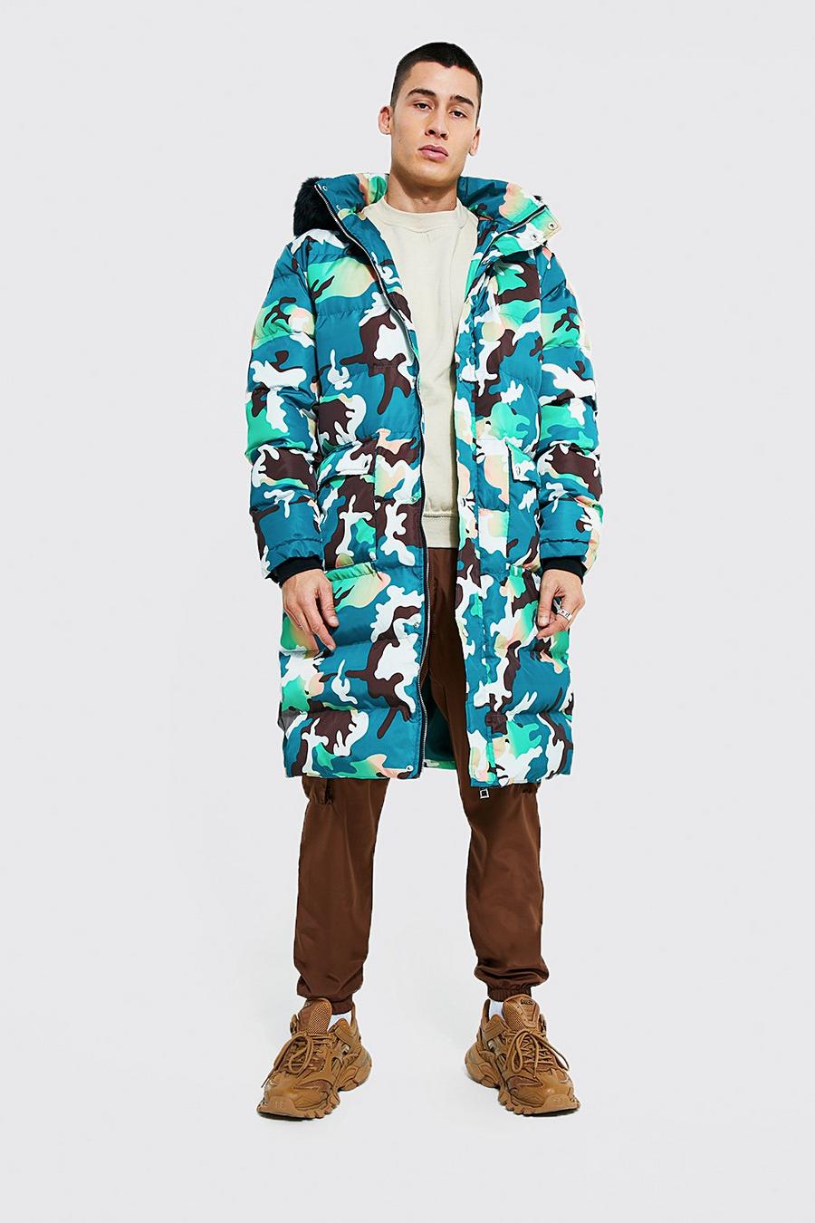 Multi Longline Bright Camo Faux Fur Hooded Puffer image number 1