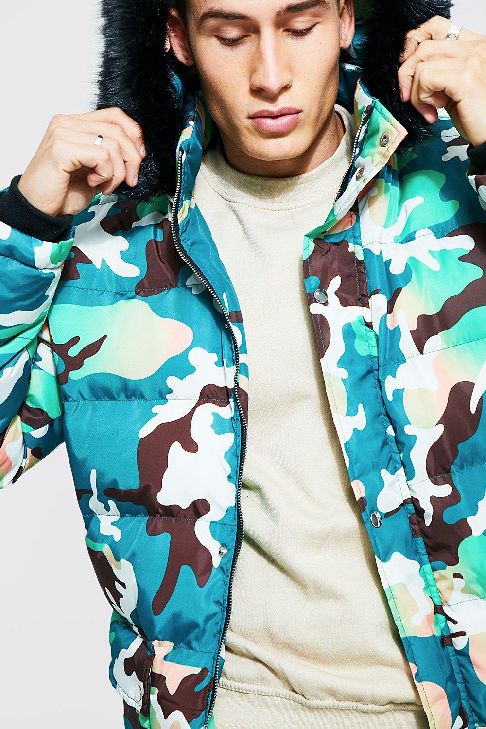 Camo jacket with blue fur hood online