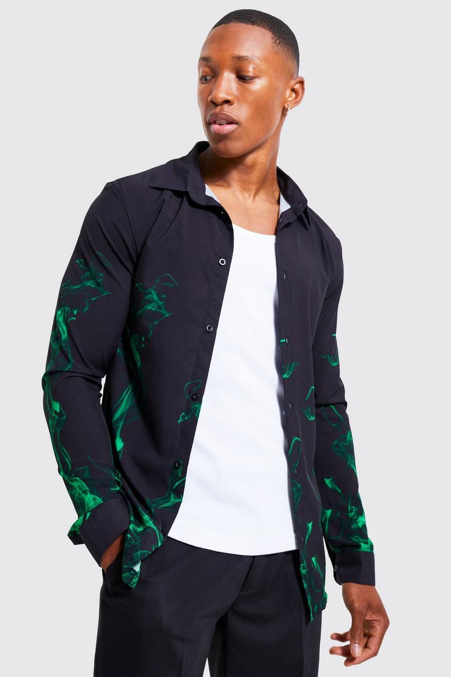 Green Long Sleeve Muscle Fit Smoke Print Shirt image number 1