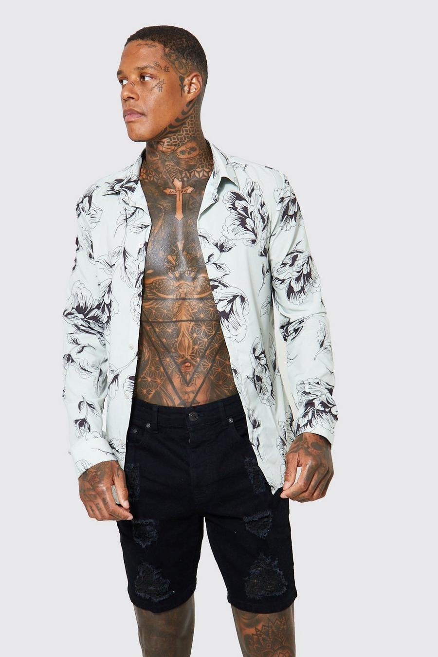 Beige Long Sleeve Muscle Fit Floral Print Shirt