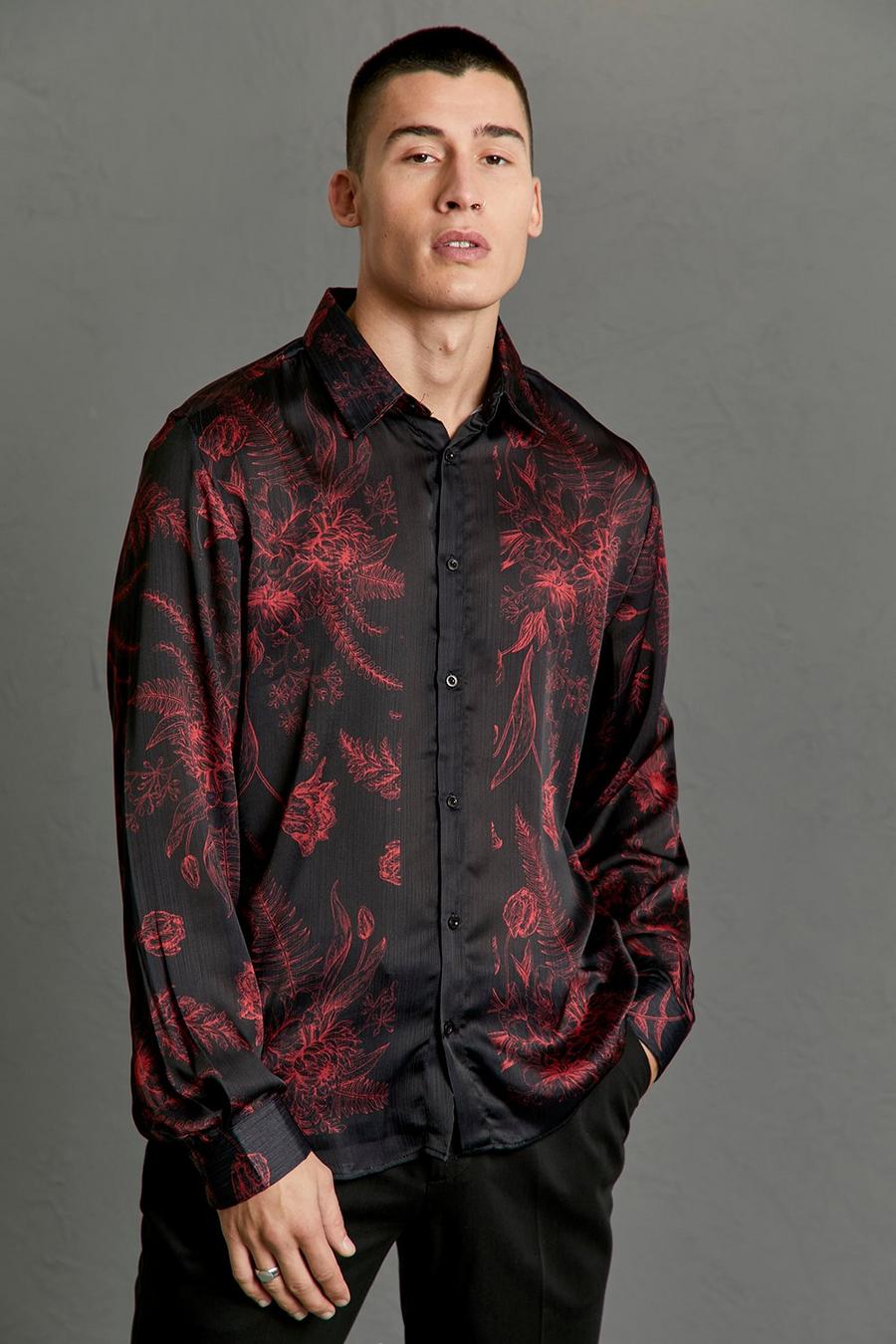 Black Long Sleeve Crinkle Floral Border Shirt