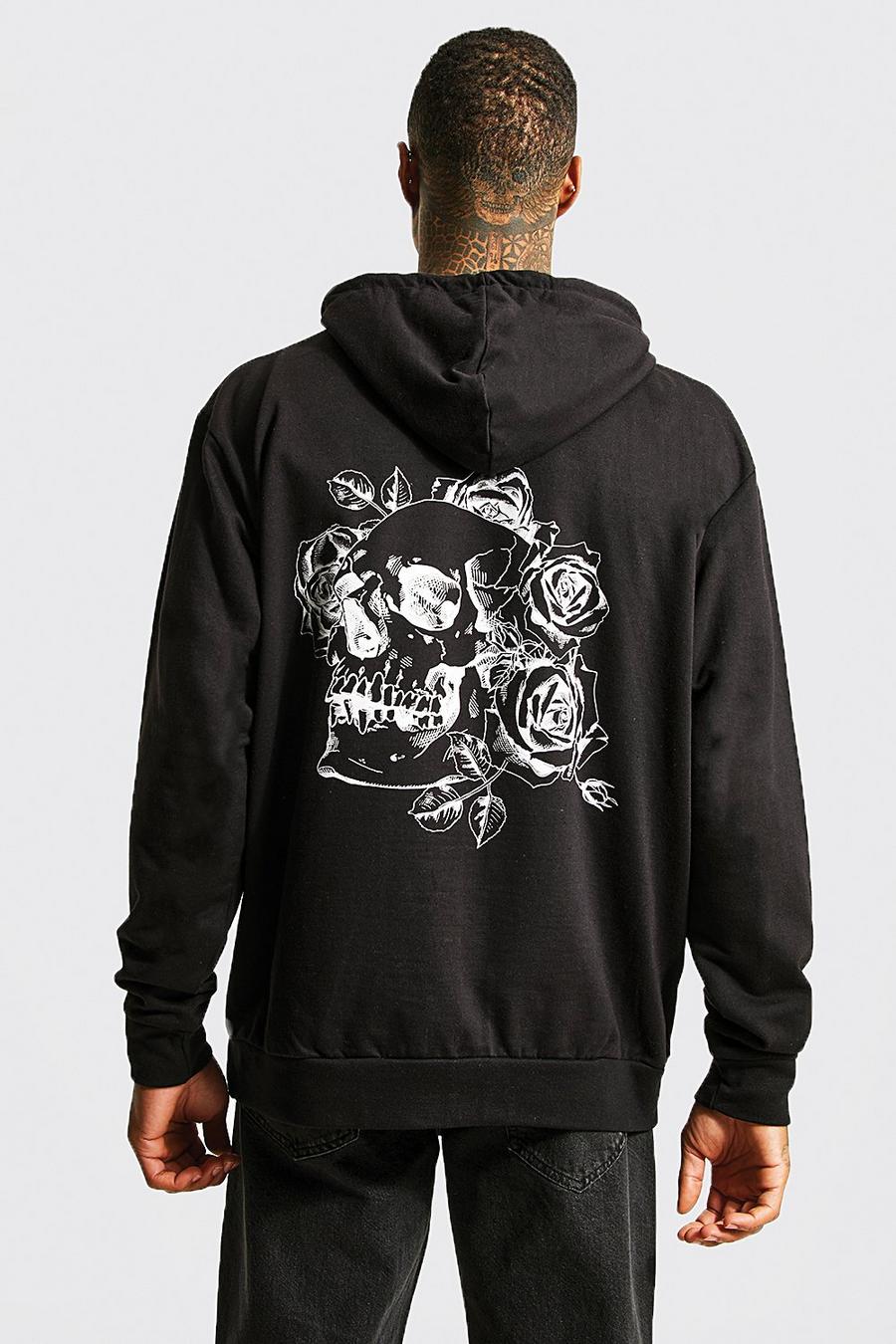 Black Oversized Floral Skull Graphic Hoodie image number 1
