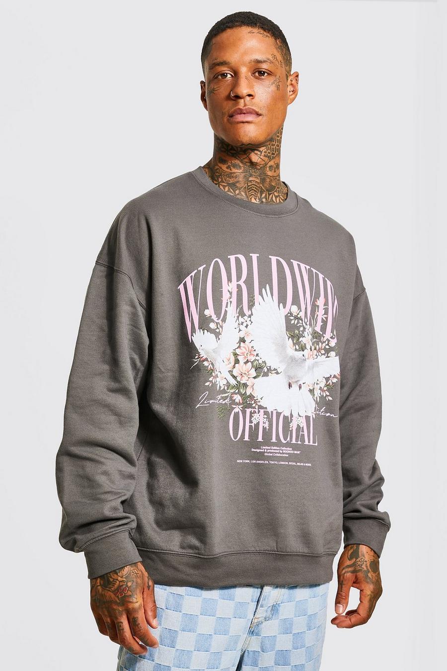 Sweat oversize imprimé colombe Worlwide, Charcoal image number 1
