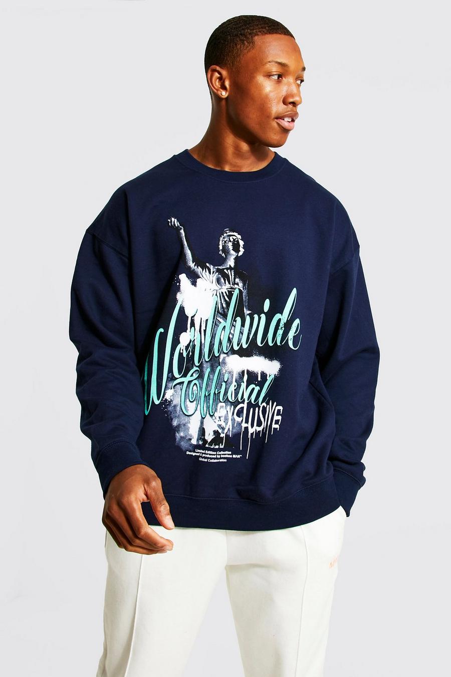 Navy Oversized Worldwide Statue Print Sweatshirt image number 1