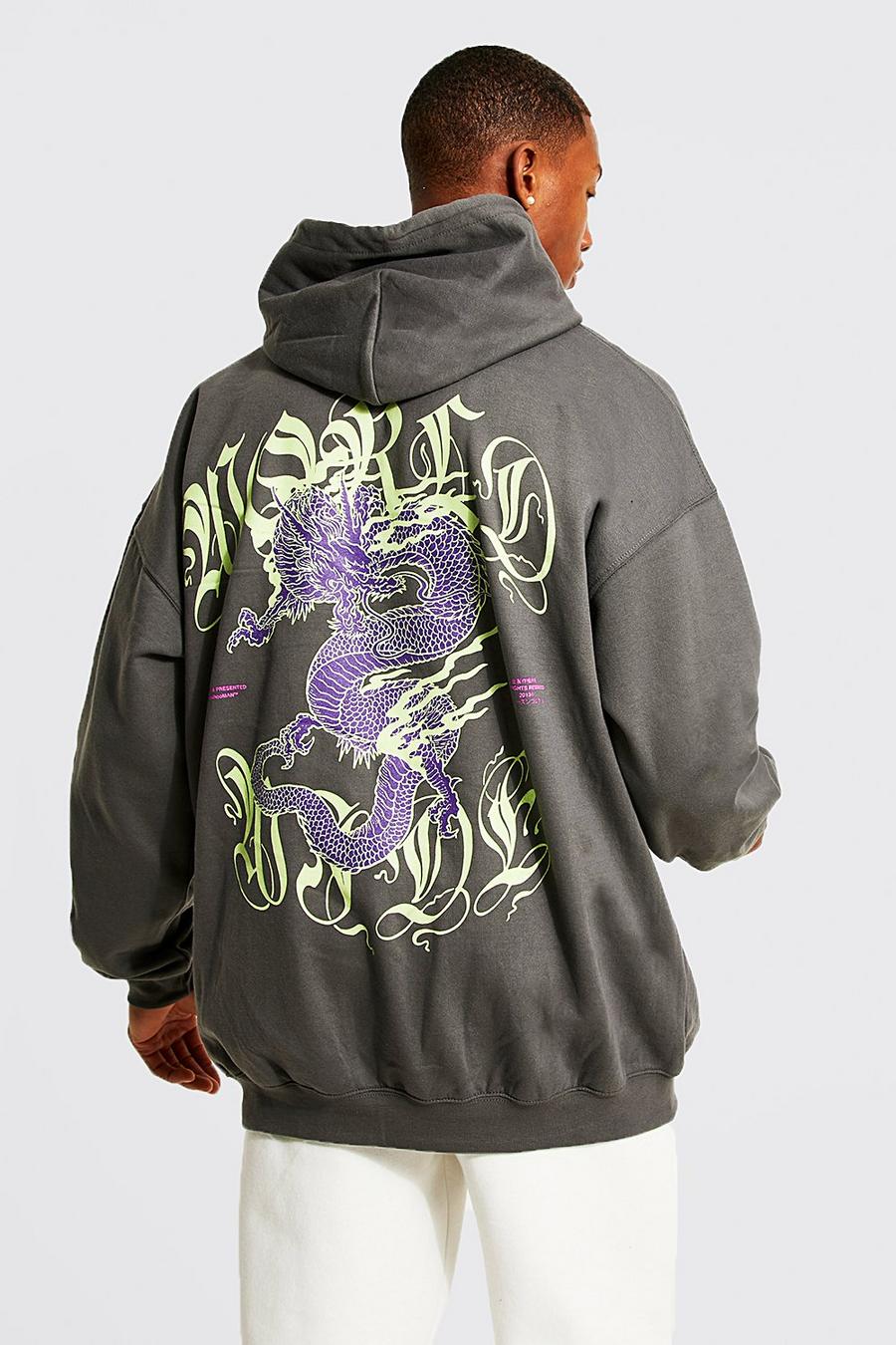 Sudadera con capucha oversize con estampado gráfico de dragón en la espalda, Charcoal image number 1