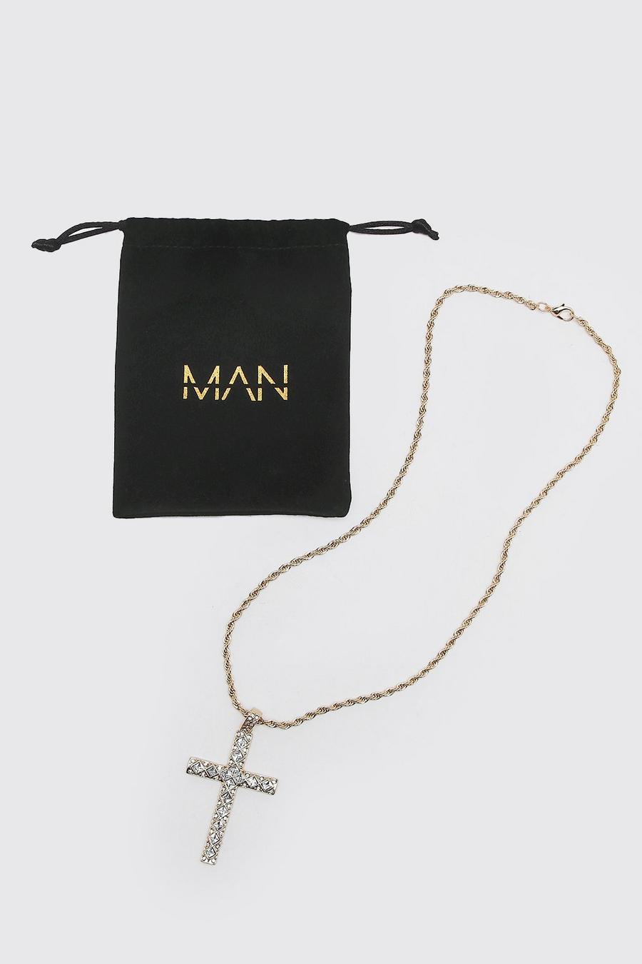 Gold metallic Iced Crystal Cross Necklace with Gift Bag