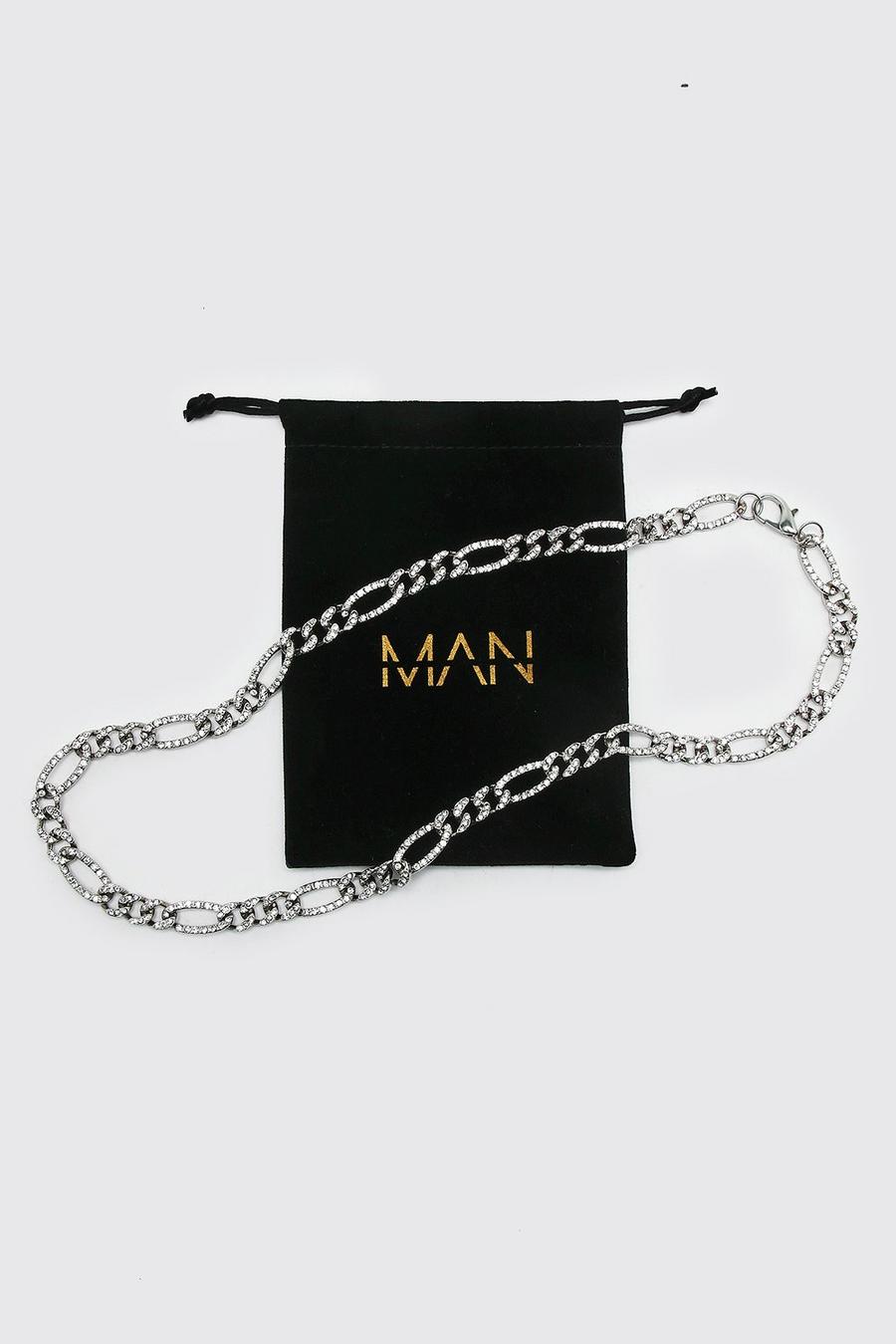 Silver Iced Figaro Chain Necklace with Gift Bag image number 1
