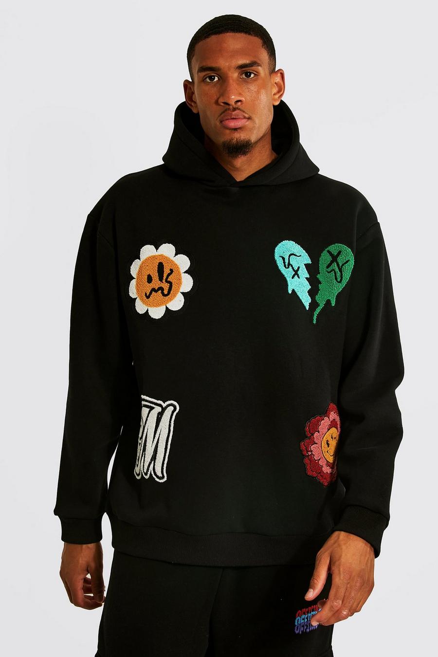 Black Tall Oversized Multi Placement Puff Hoodie image number 1