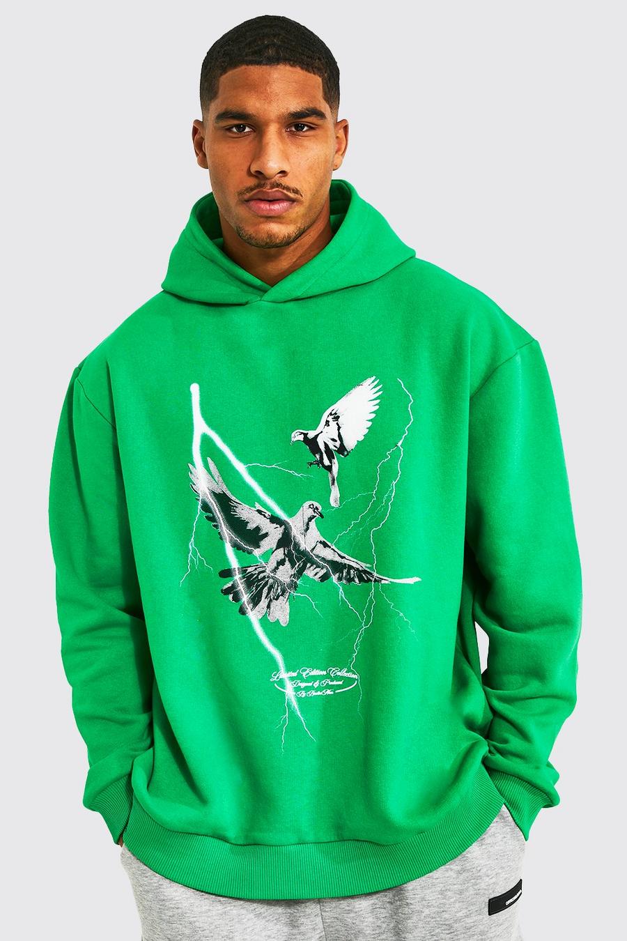 Green Tall Oversized Dove Lightning Print Hoodie image number 1