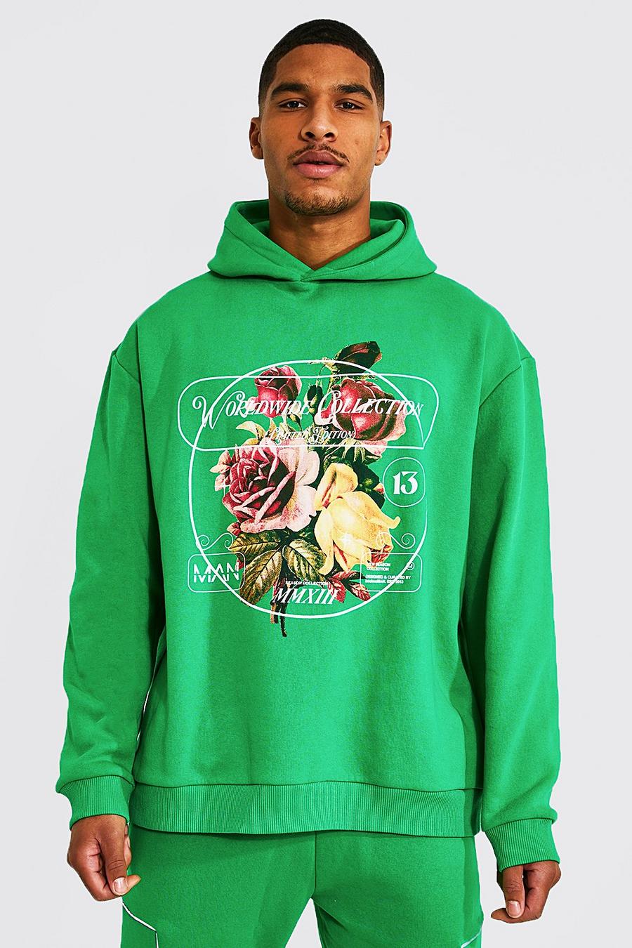 Green Tall Oversized Floral Print Hoodie image number 1