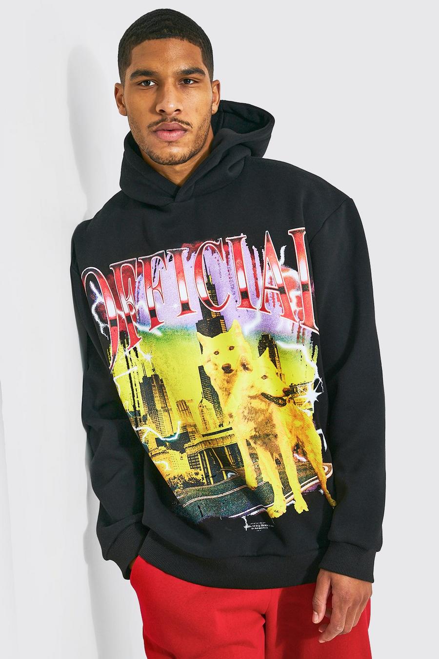 Tall Oversize Official Hoodie mit Wolf-Print, Black image number 1